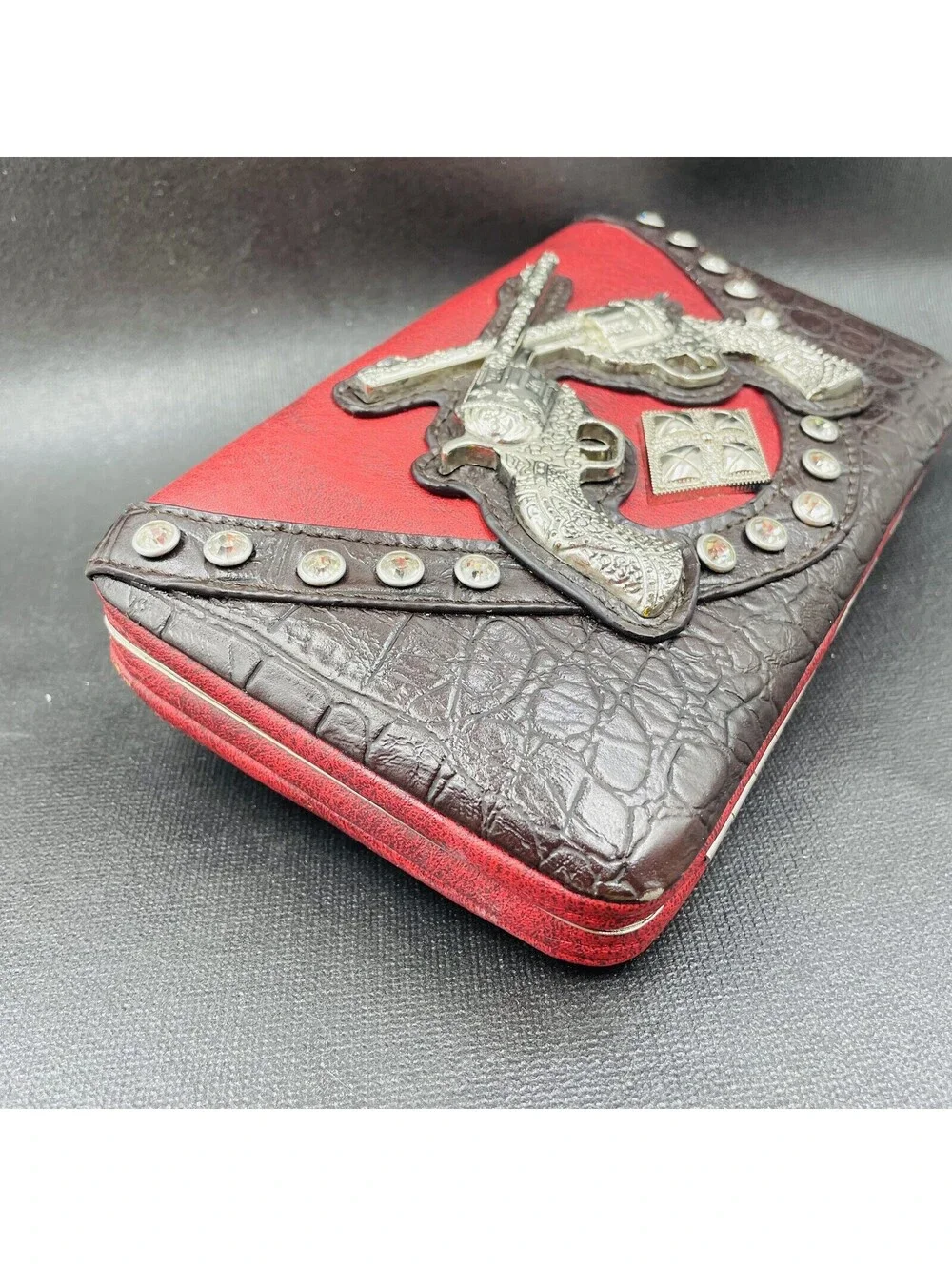 Texas Western Style Wallet Double Guns Red Burgundy & Black Silver Pistol Design